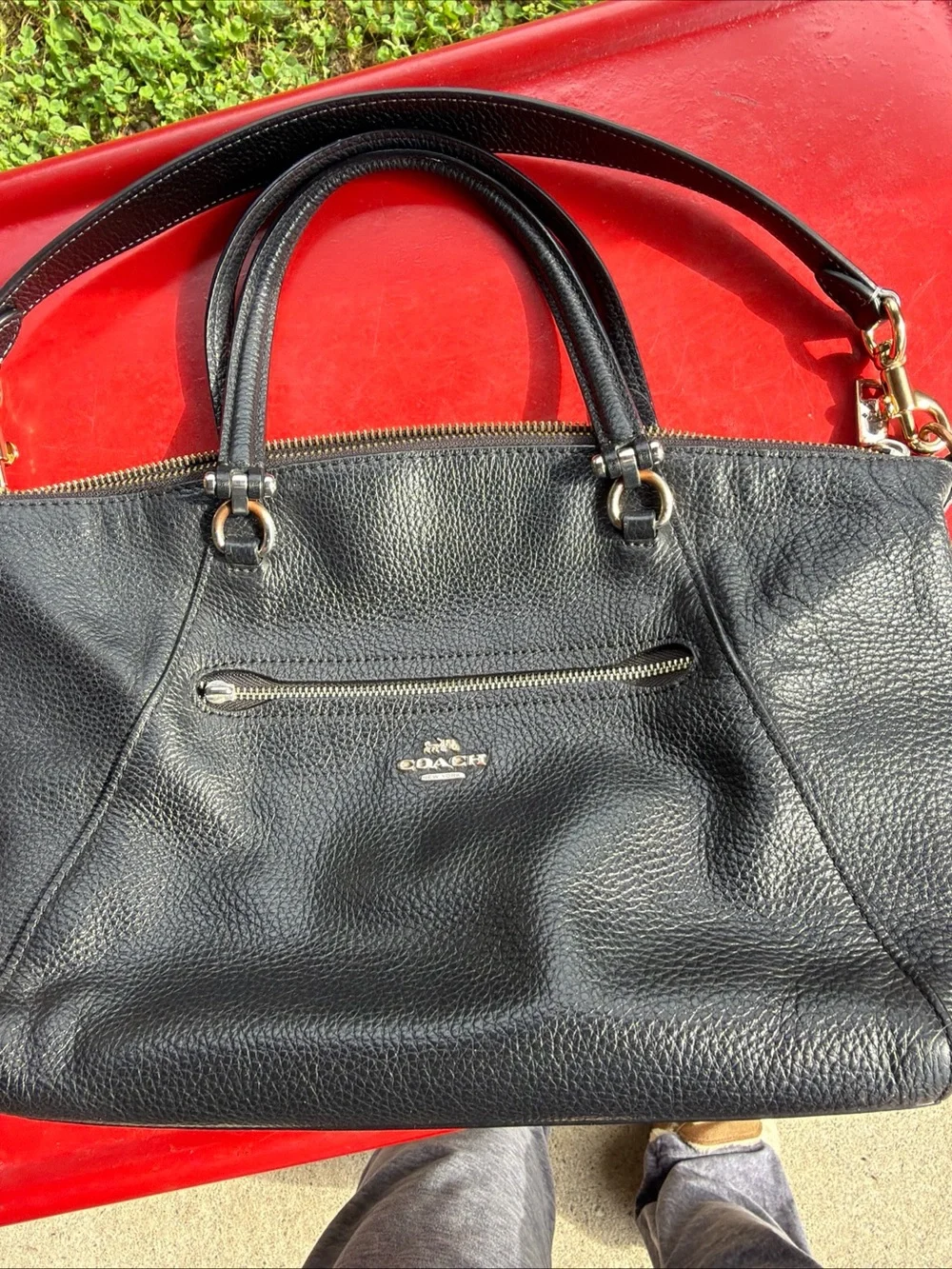 Coach Black Pebbled Leather Tote with Gold-Tone Logo